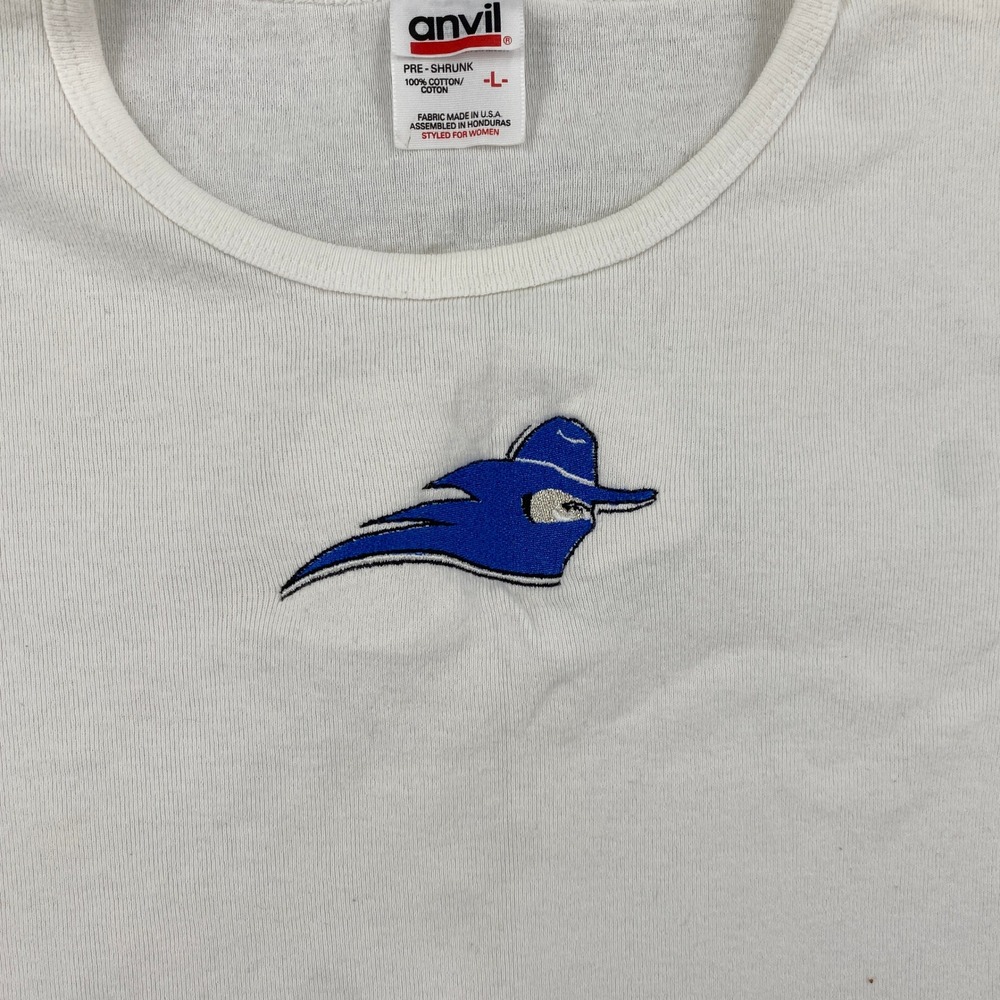 Vintage Anvil White Ribbed Baby Tee Y2K Babydoll Embroidered Graphic Large